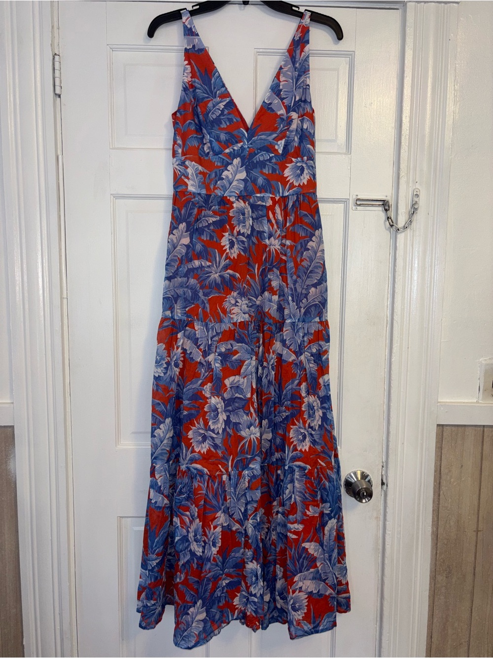 J. Crew Red and Blue Floral V-Neck Maxi Dress